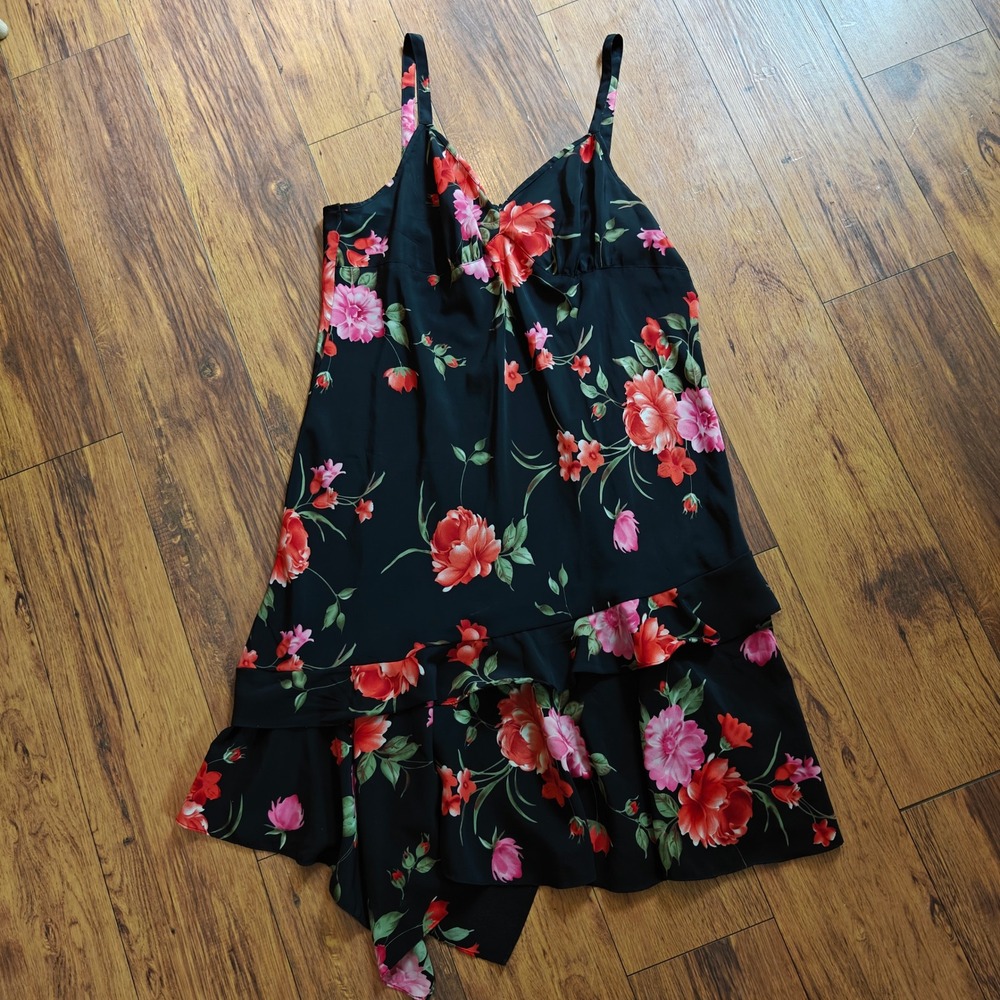 Y2K Slip Dress Women's 22W Tiered‎ Ruffle Asymmetrical V-Neck Floral Whimsygoth